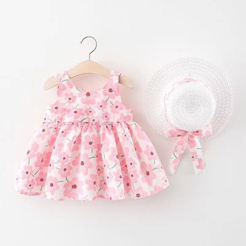 Baby Girl Floral Dress Set With Matching Summer Hat