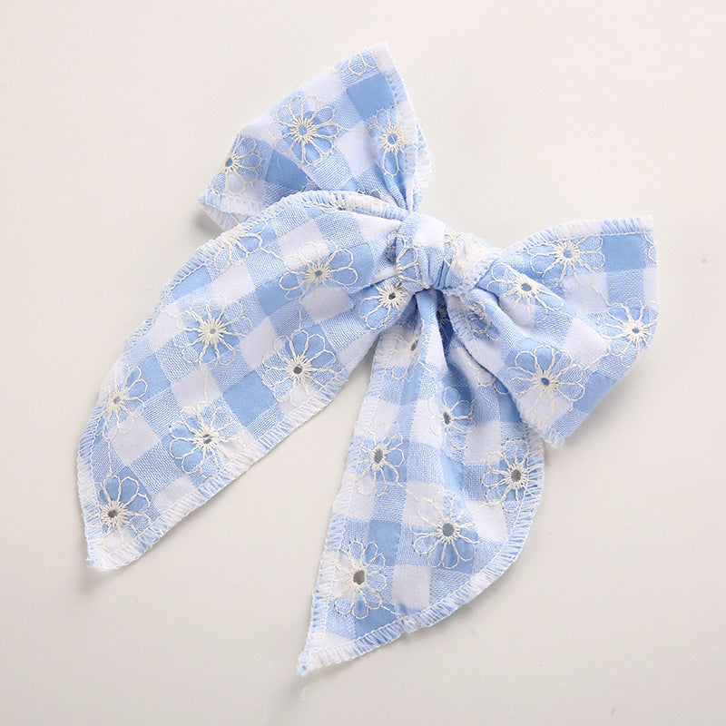 Plaid Bow Hair Clip for Girls | Floral Embroidery
