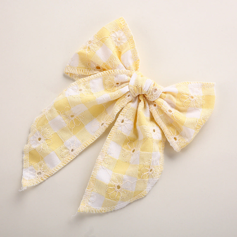 Plaid Bow Hair Clip for Girls | Floral Embroidery