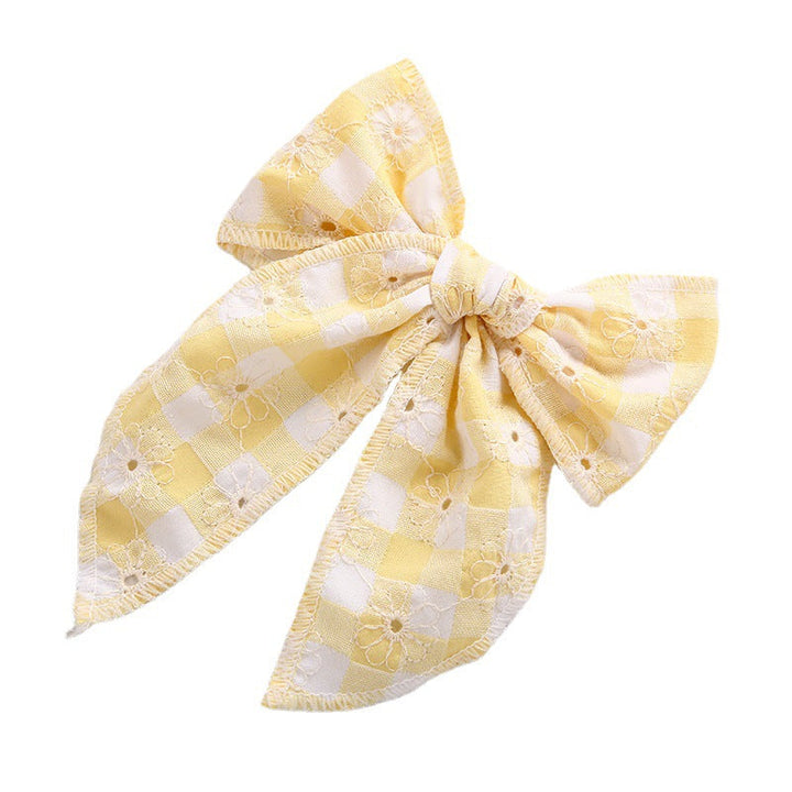 Plaid Bow Hair Clip for Girls | Floral Embroidery
