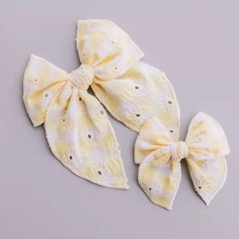 Plaid Bow Hair Clip for Girls | Floral Embroidery