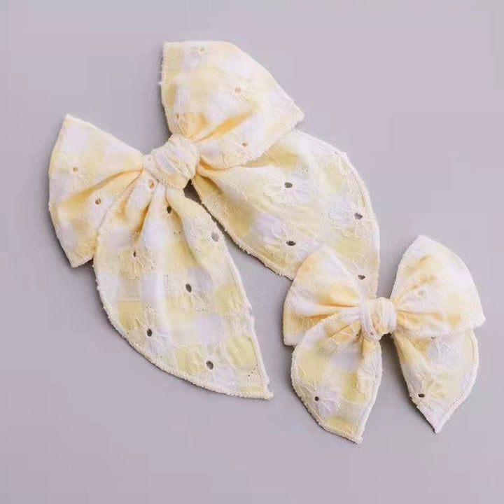 Plaid Bow Hair Clip for Girls | Floral Embroidery