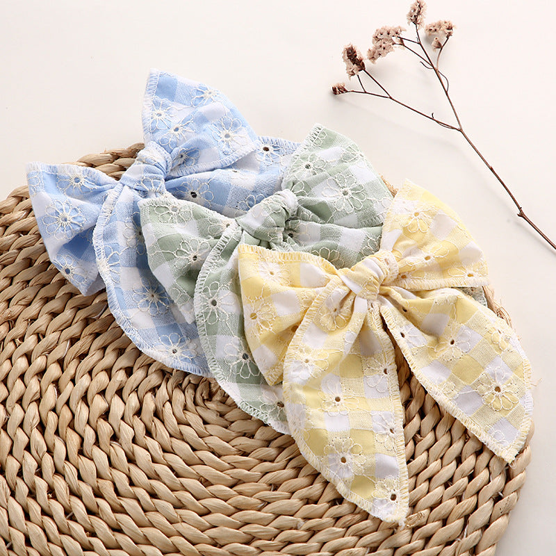 Plaid Bow Hair Clip for Girls | Floral Embroidery