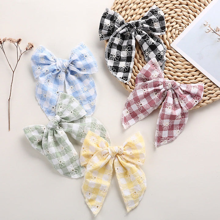 Plaid Bow Hair Clip for Girls | Floral Embroidery