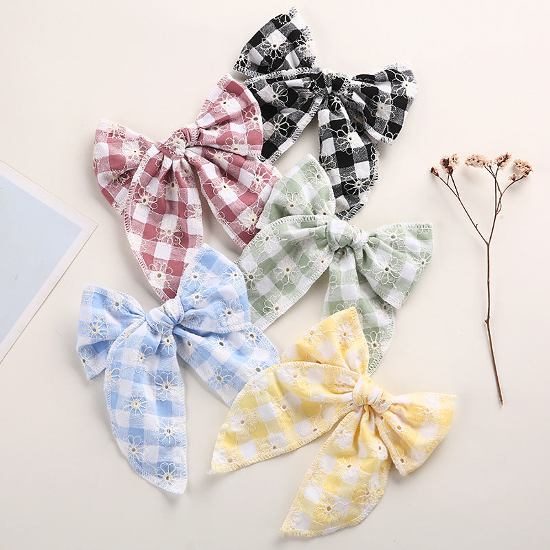Plaid Bow Hair Clip for Girls | Floral Embroidery