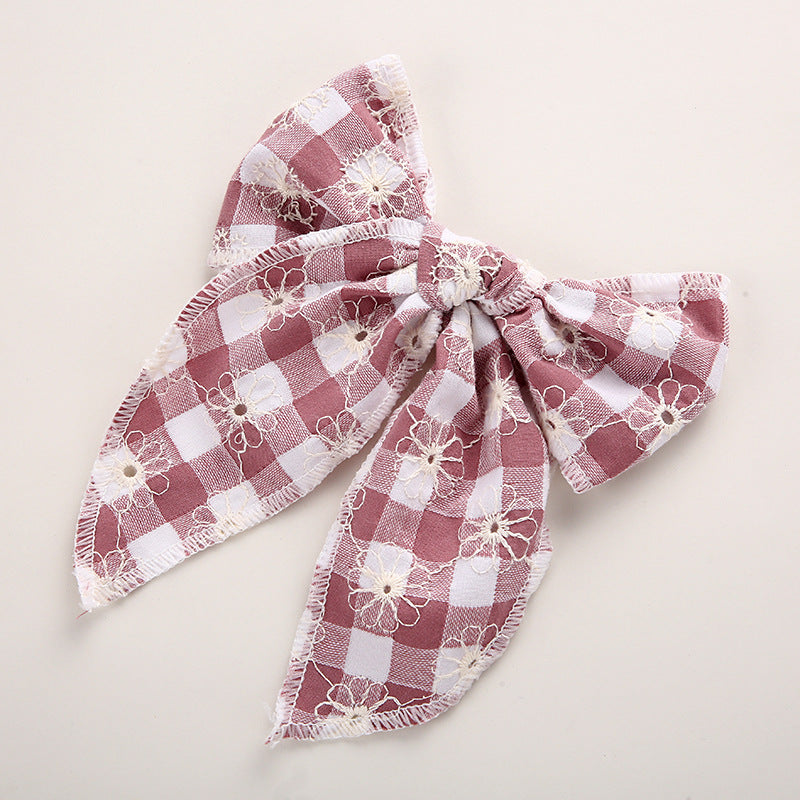 Plaid Bow Hair Clip for Girls | Floral Embroidery