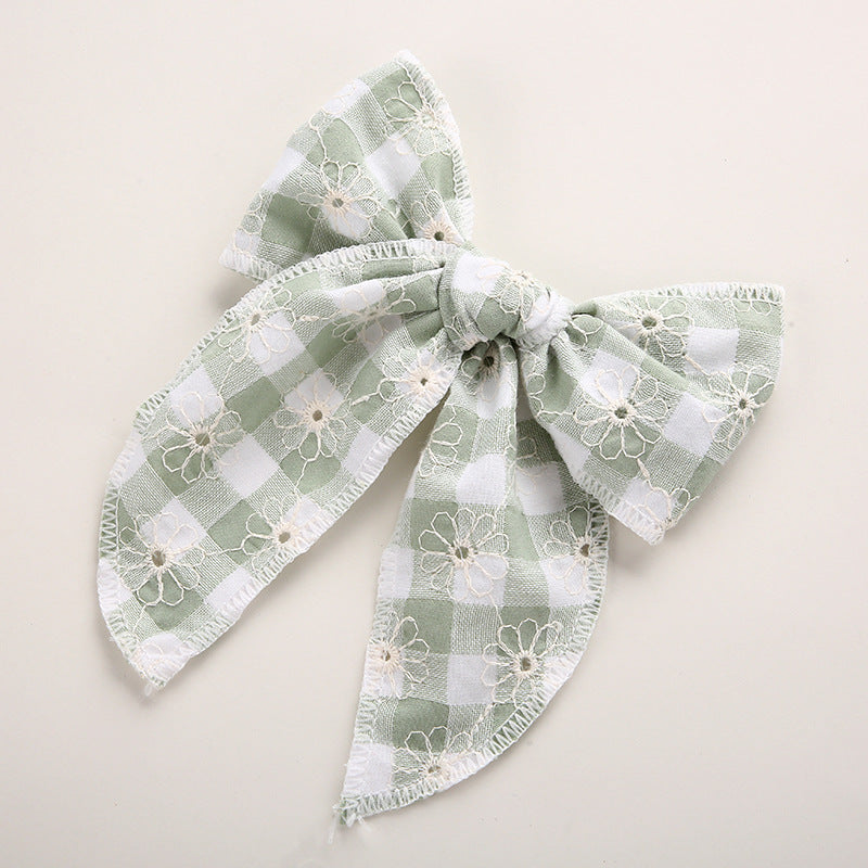 Plaid Bow Hair Clip for Girls | Floral Embroidery