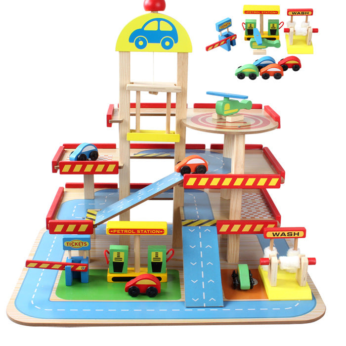 Children's Wooden Parking Garage Toy Set for Pretend Play