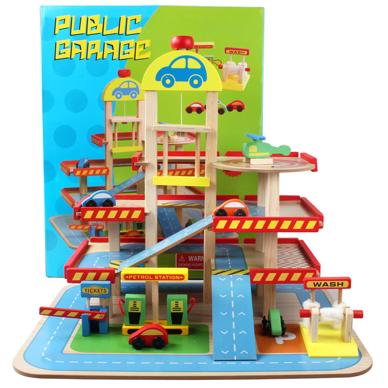 Children's Wooden Parking Garage Toy Set for Pretend Play