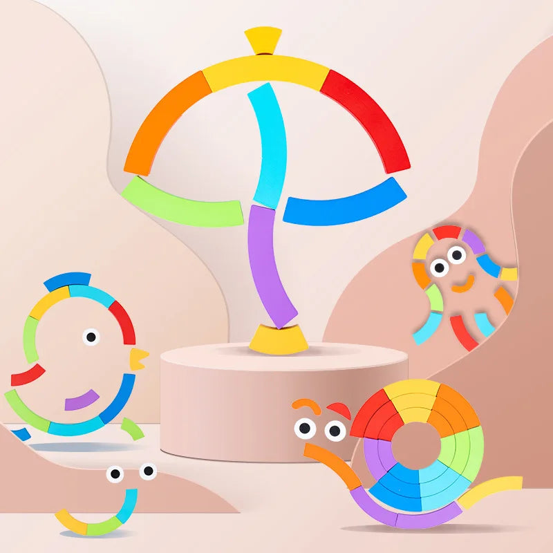 Wooden Rainbow Puzzle Blocks for Early Shape Learning