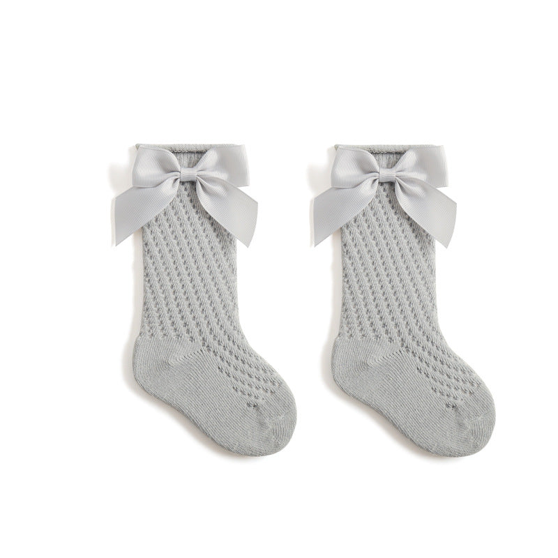 Girls' Cotton Knee-High Socks with Bow, Breathable Mesh