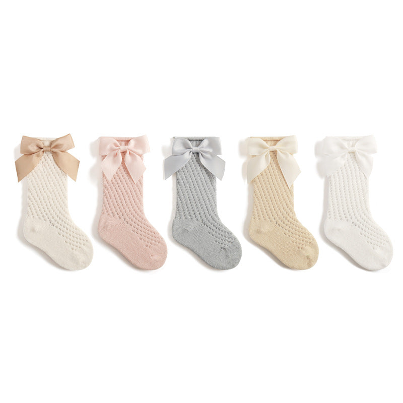 Girls' Cotton Knee-High Socks with Bow, Breathable Mesh