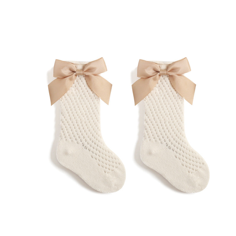 Girls' Cotton Knee-High Socks with Bow, Breathable Mesh