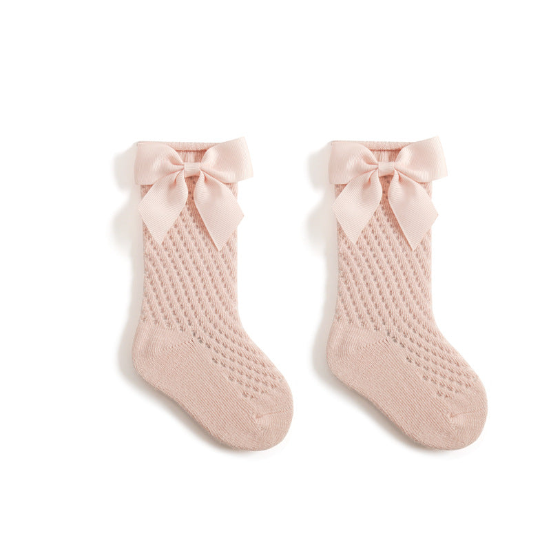 Girls' Cotton Knee-High Socks with Bow, Breathable Mesh