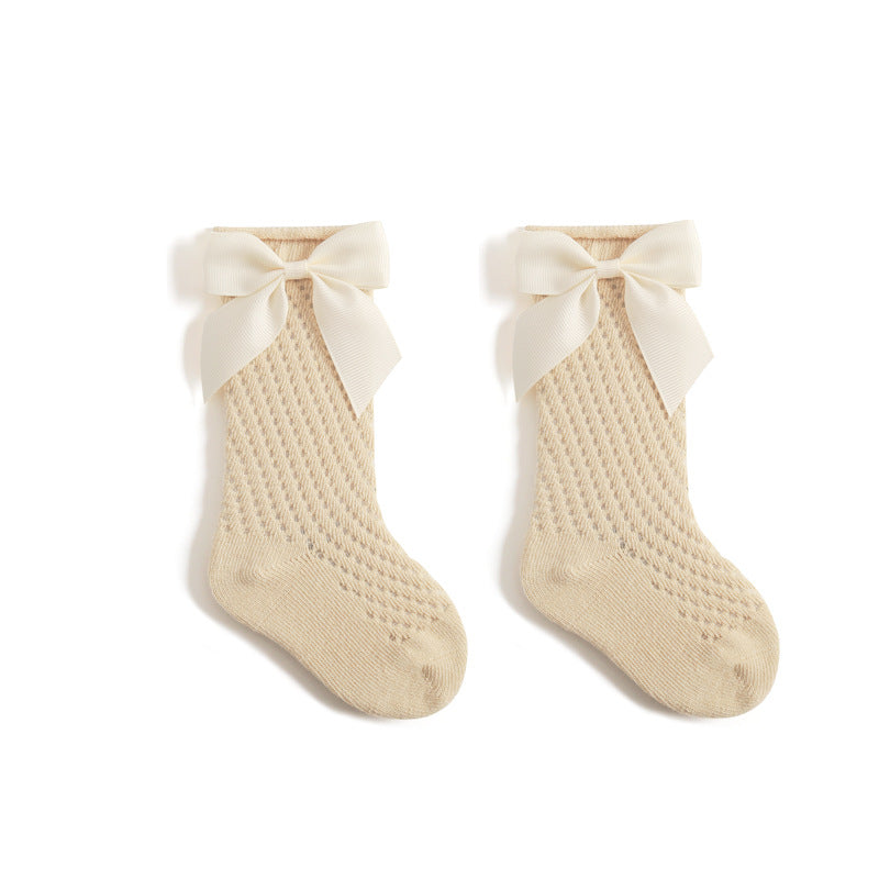 Girls' Cotton Knee-High Socks with Bow, Breathable Mesh