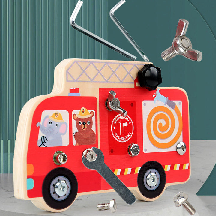 Wooden Fire Truck Busy Board for Fine Motor Skills