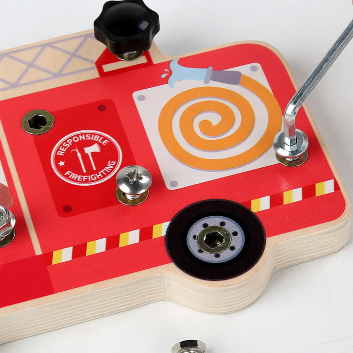 Wooden Fire Truck Busy Board for Fine Motor Skills