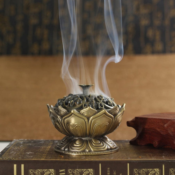 Lotus Incense Burner with Ornate Buddha-Style Lid Decor