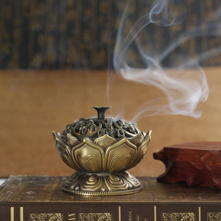 Lotus Incense Burner with Ornate Buddha-Style Lid Decor
