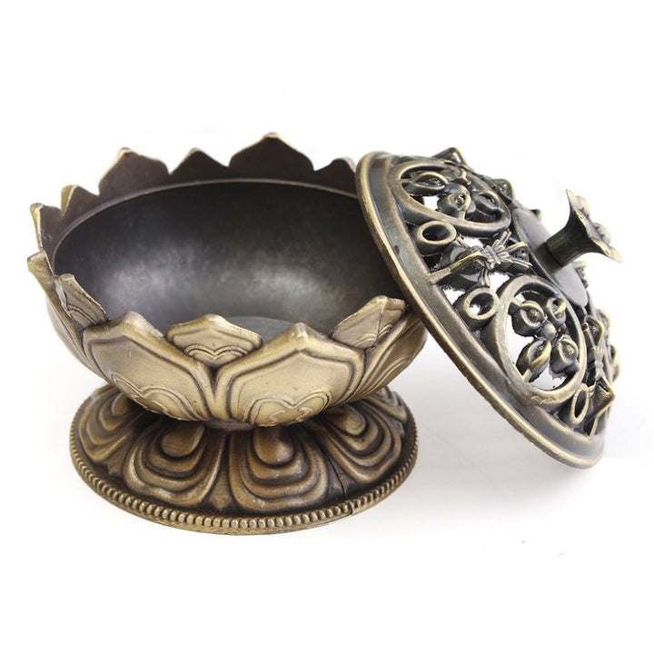Lotus Incense Burner with Ornate Buddha-Style Lid Decor