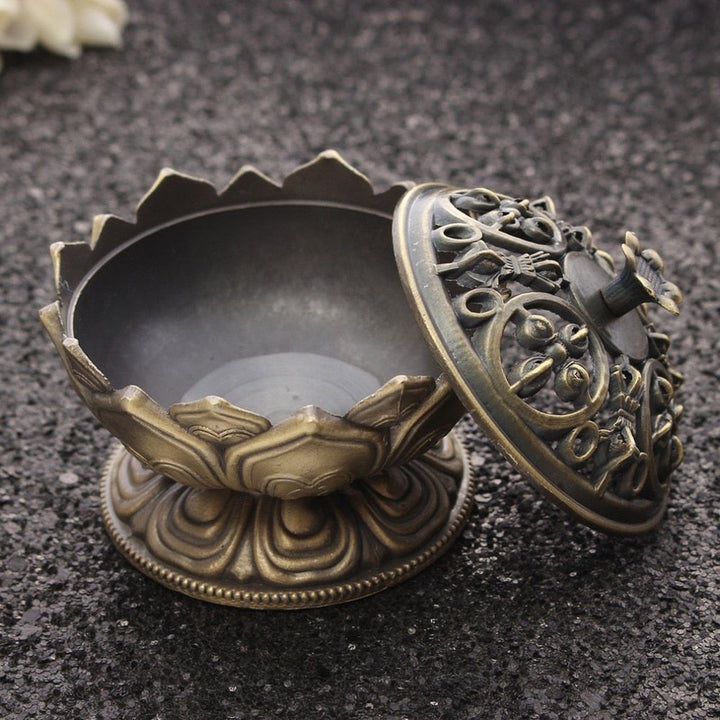Lotus Incense Burner with Ornate Buddha-Style Lid Decor