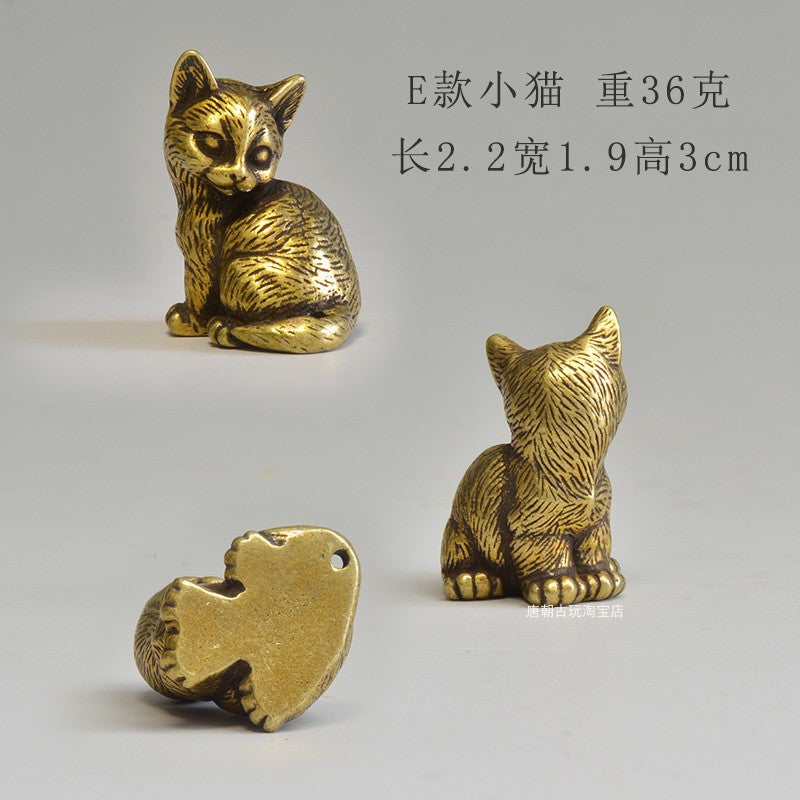 Brass Cat Tea Pet Set for Playful Desktop Charm Decor
