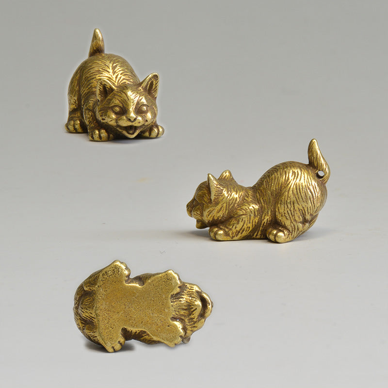 Brass Cat Tea Pet Set for Playful Desktop Charm Decor