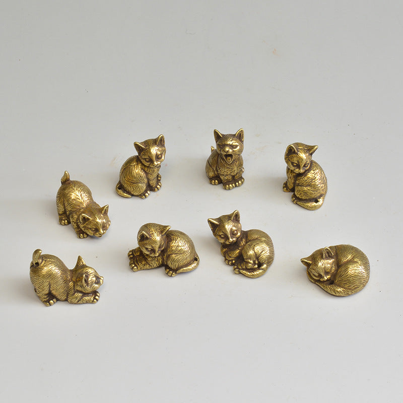 Brass Cat Tea Pet Set for Playful Desktop Charm Decor