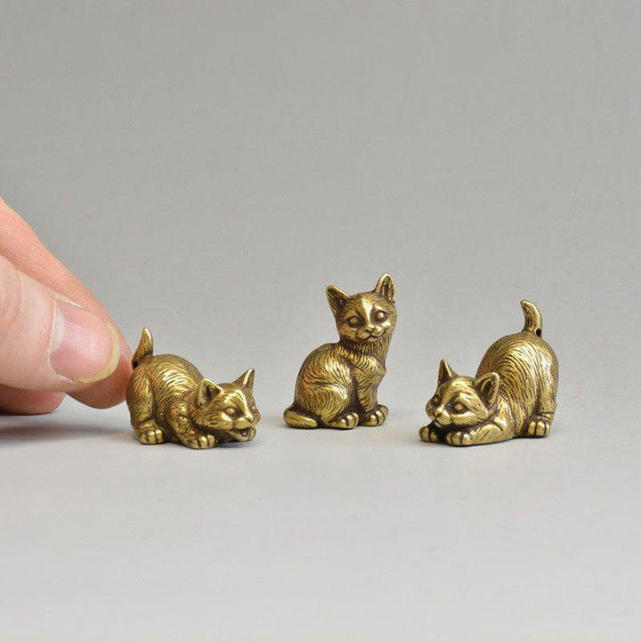 Brass Cat Tea Pet Set for Playful Desktop Charm Decor