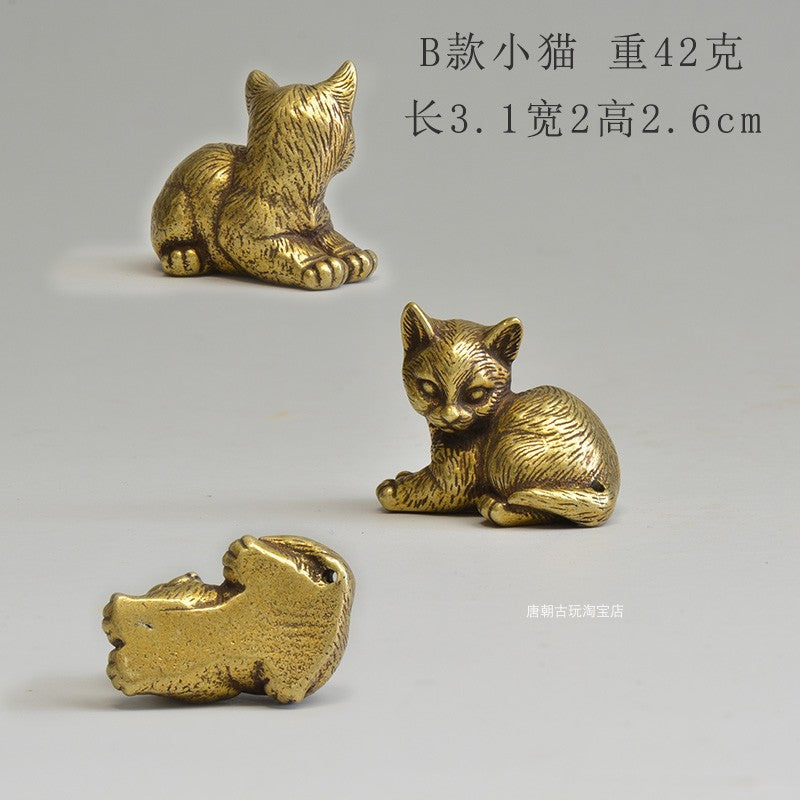 Brass Cat Tea Pet Set for Playful Desktop Charm Decor