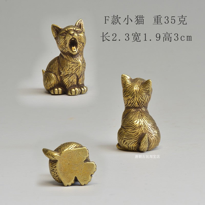 Brass Cat Tea Pet Set for Playful Desktop Charm Decor