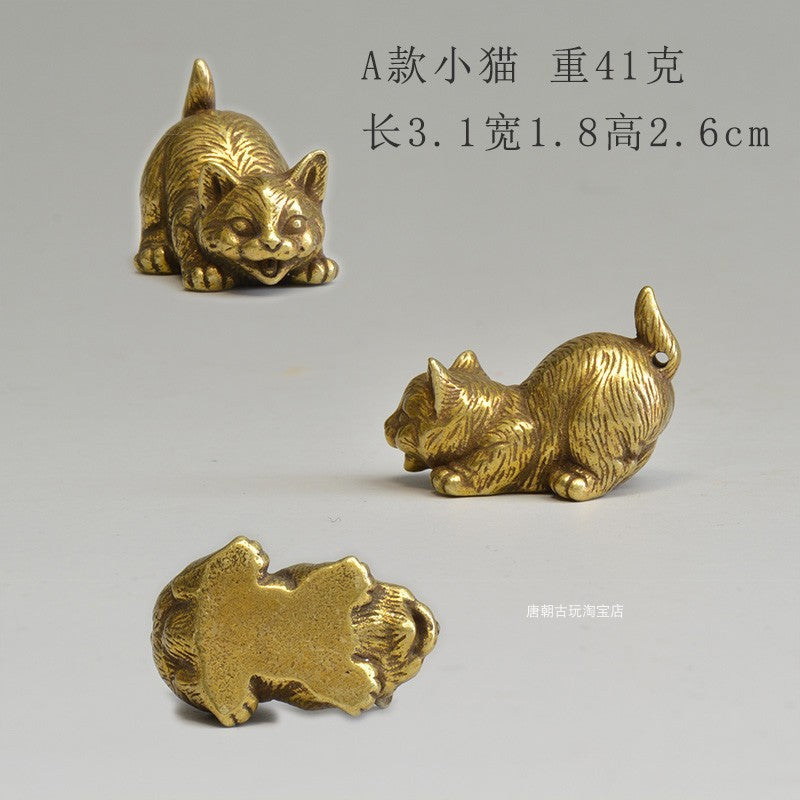 Brass Cat Tea Pet Set for Playful Desktop Charm Decor