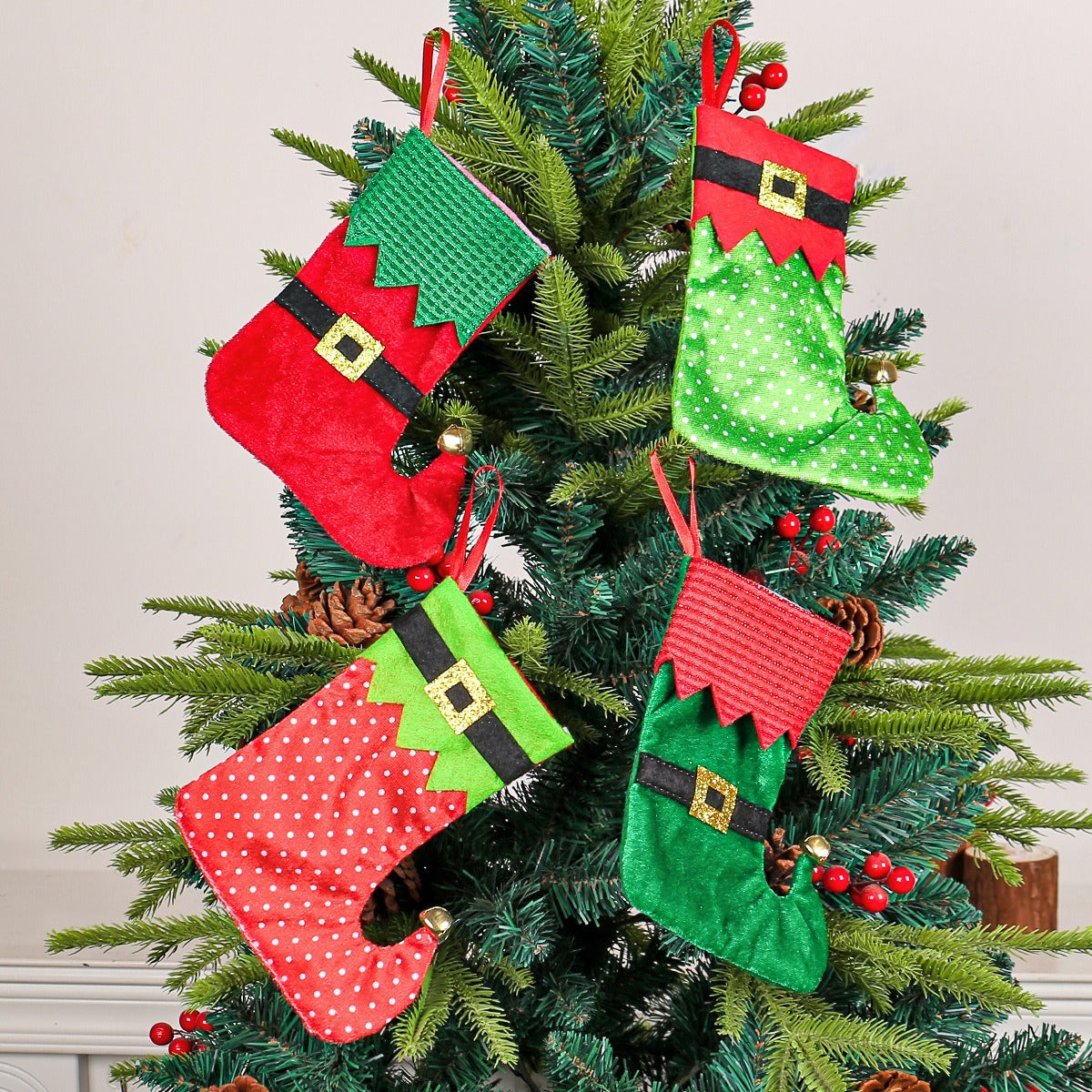 Christmas Stockings With Bells & Gift-Hanging Decor