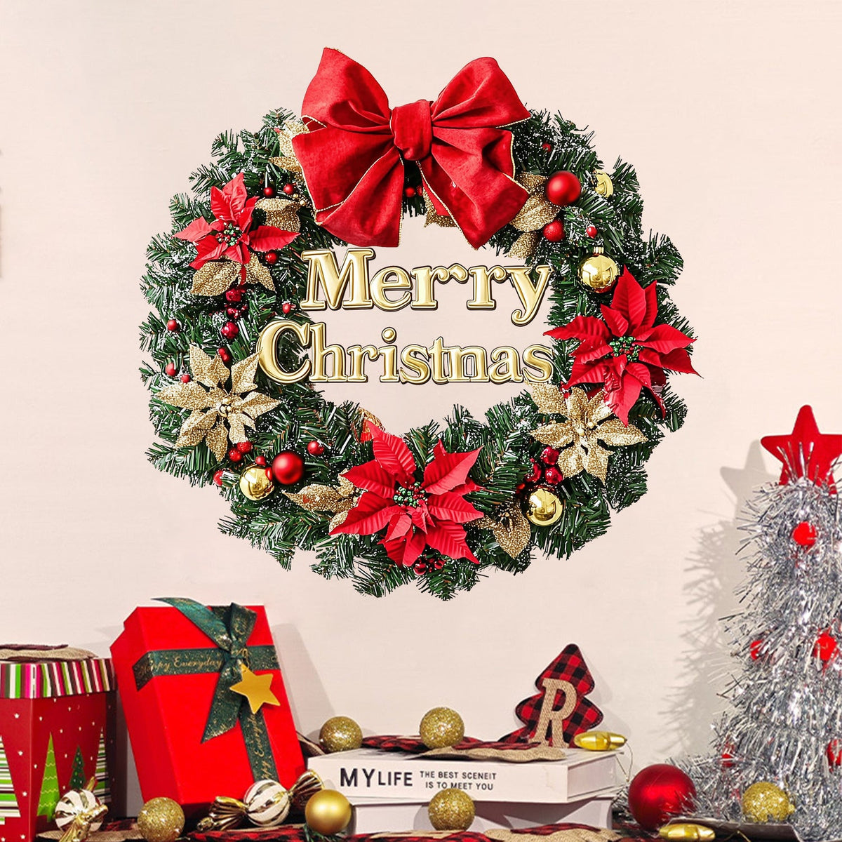 Christmas Wreath Wall Sticker With Festive Red Bow
