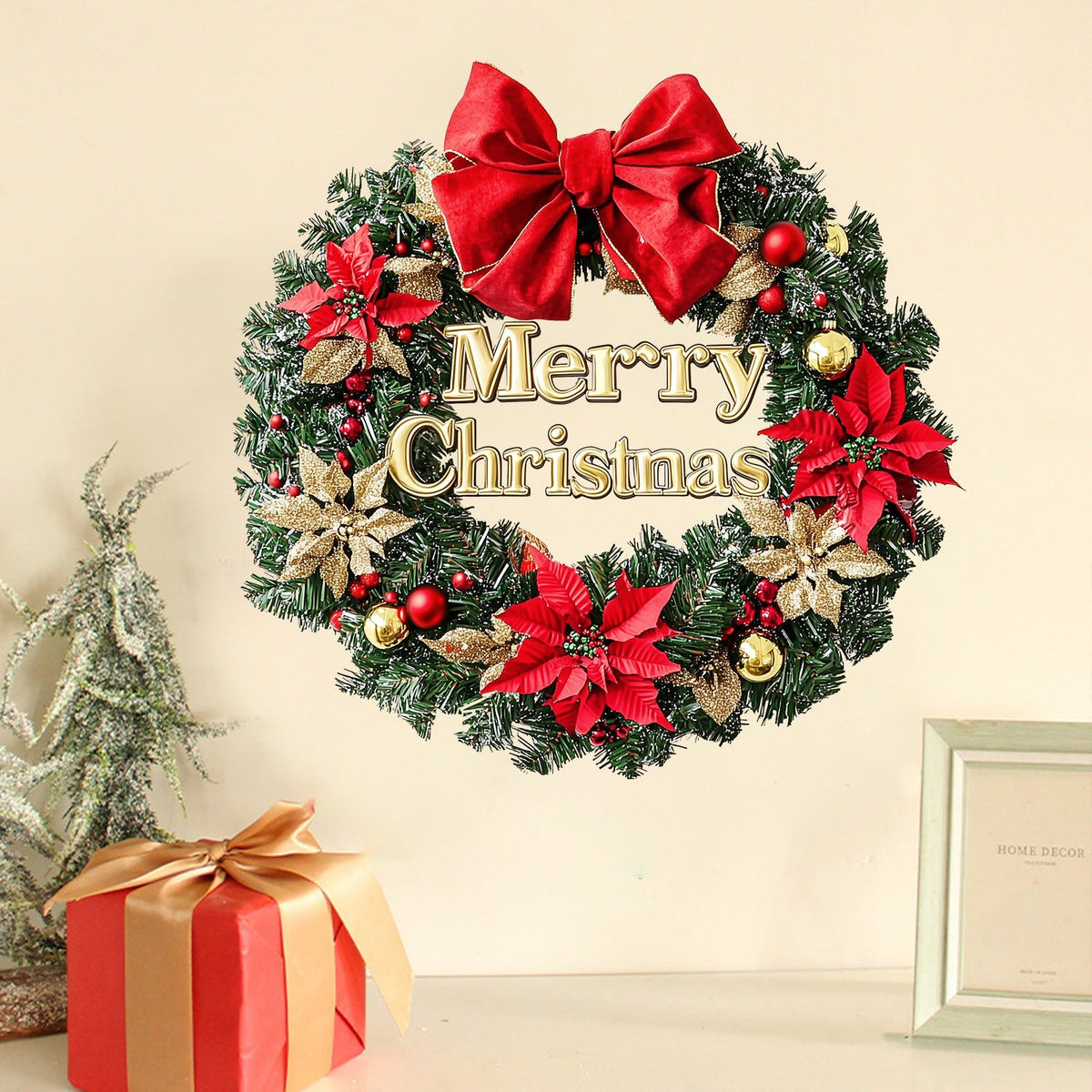 Christmas Wreath Wall Sticker With Festive Red Bow
