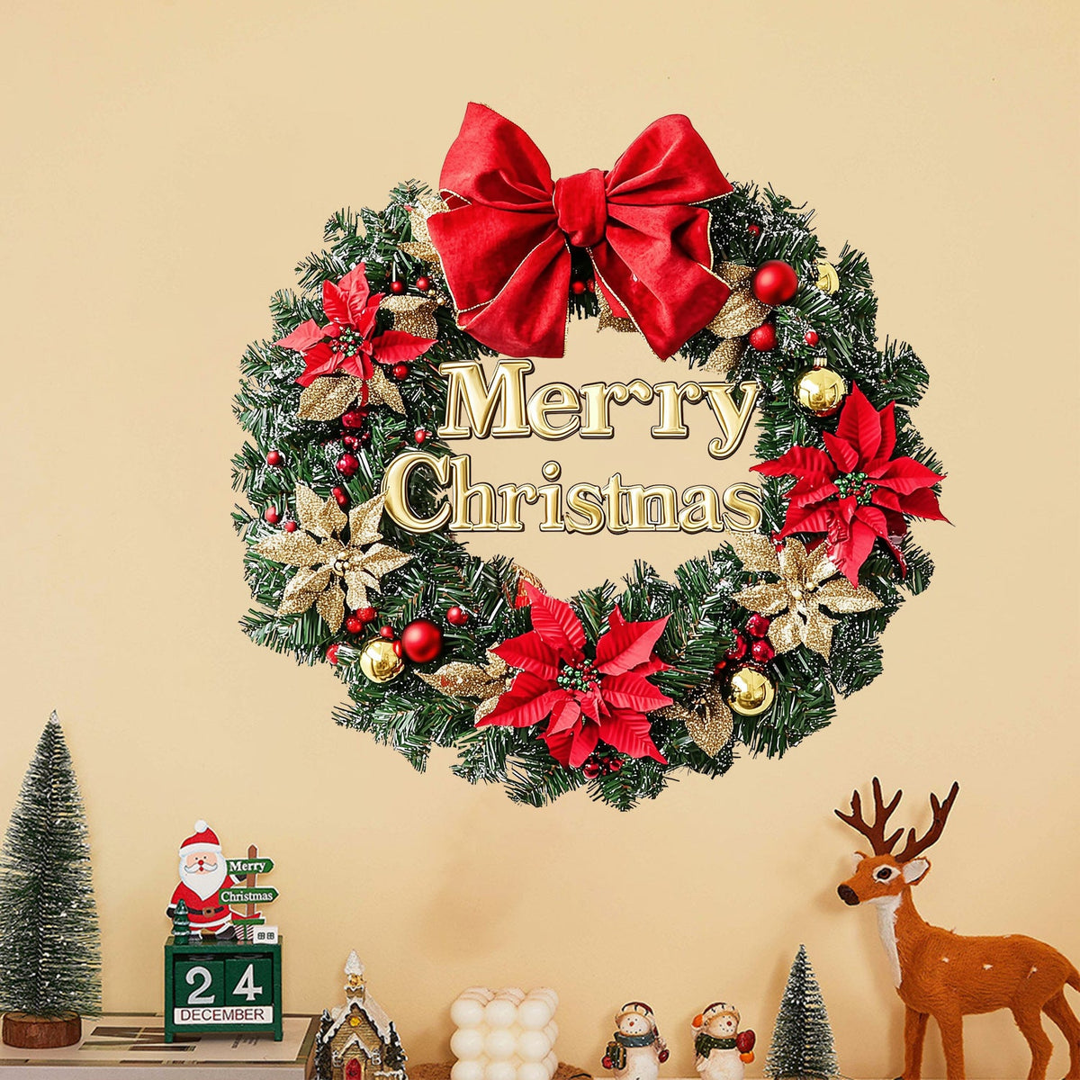 Christmas Wreath Wall Sticker With Festive Red Bow