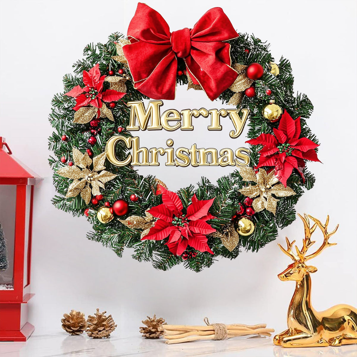 Christmas Wreath Wall Sticker With Festive Red Bow