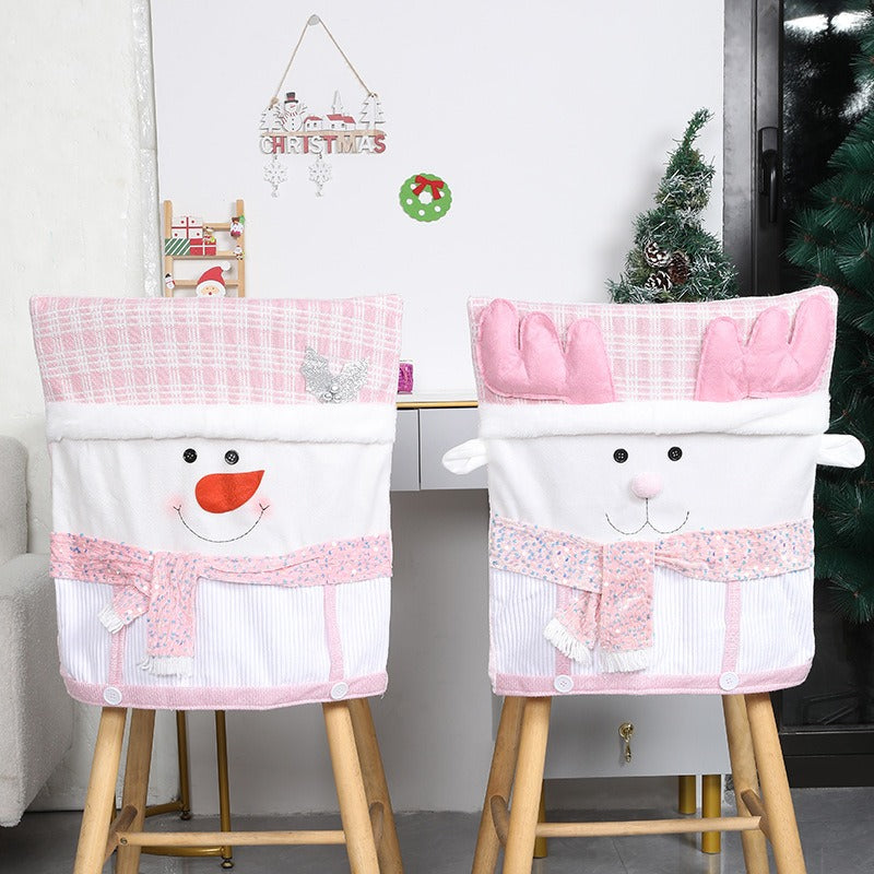 Pink Christmas Chair Cover Set with Santa Claus Doll Design