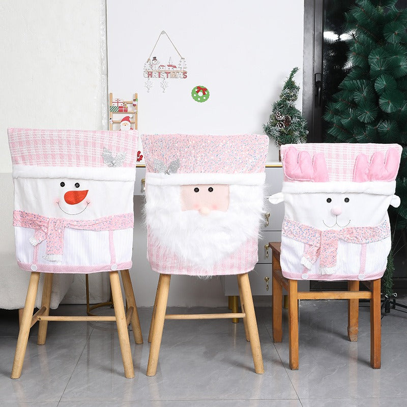Pink Christmas Chair Cover Set with Santa Claus Doll Design