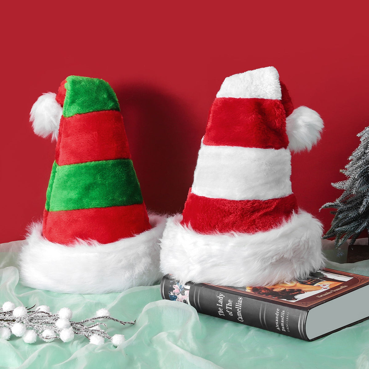 Children's Christmas Hat – Plush Red Green Stripes