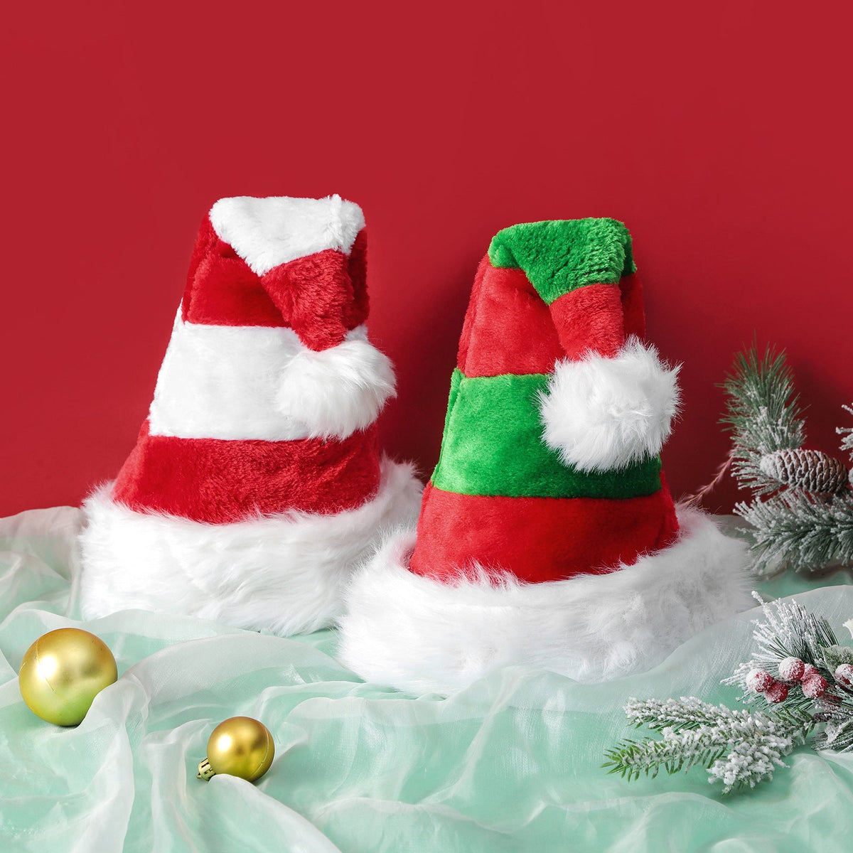 Children's Christmas Hat – Plush Red Green Stripes