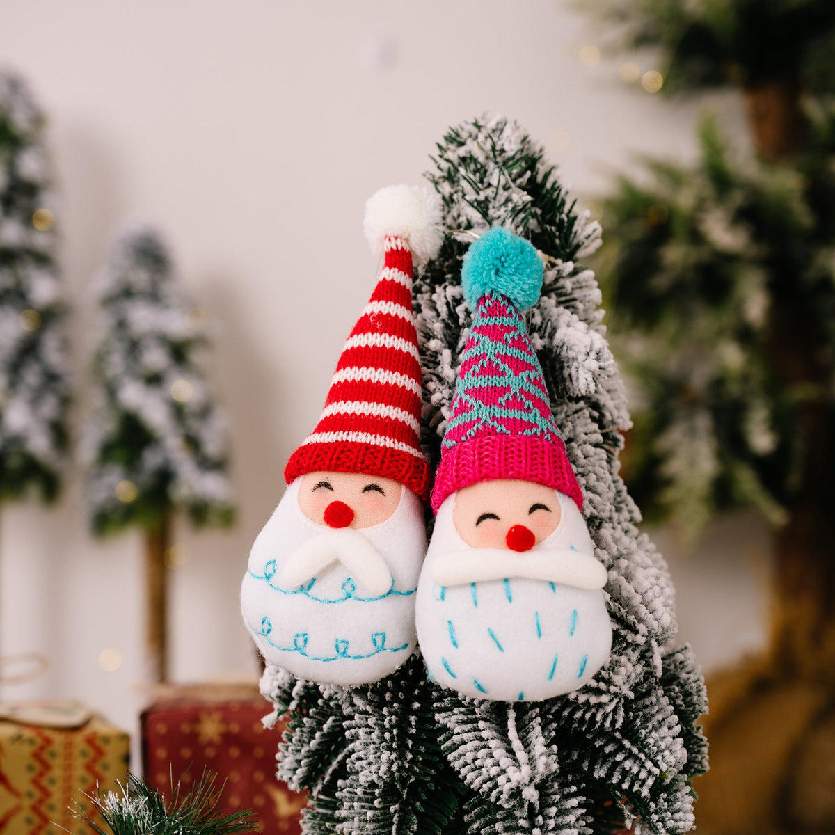 Plush Pom-Pom Santa & Snowman Ornament Set of 2