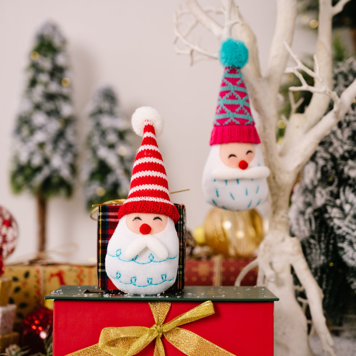 Plush Pom-Pom Santa & Snowman Ornament Set of 2