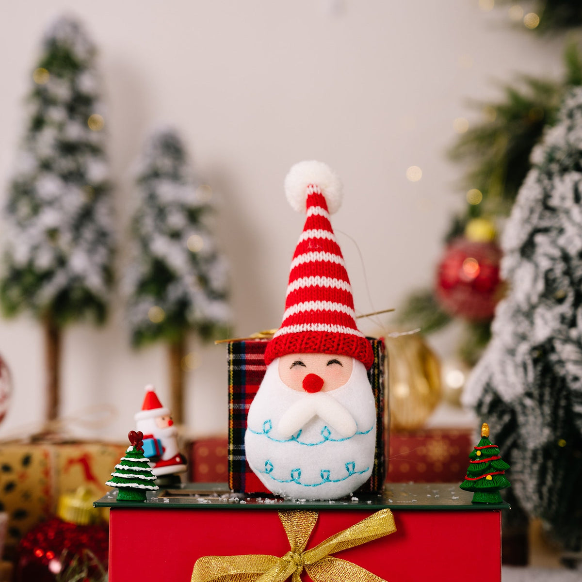 Plush Pom-Pom Santa & Snowman Ornament Set of 2