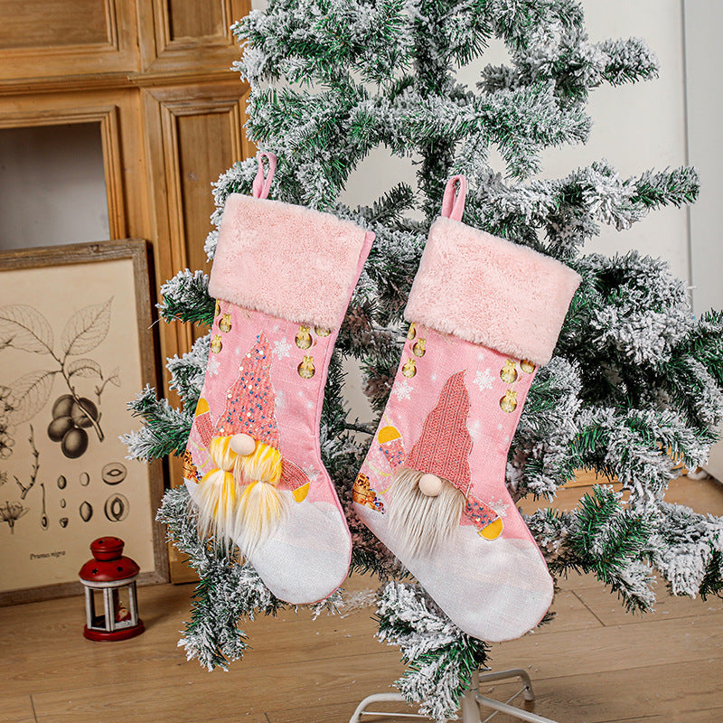 Pink Christmas Stocking With Sparkling Gnome Design