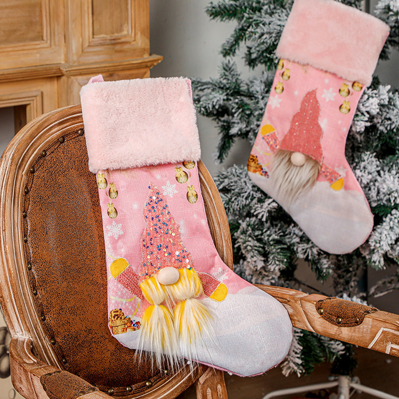 Pink Christmas Stocking With Sparkling Gnome Design