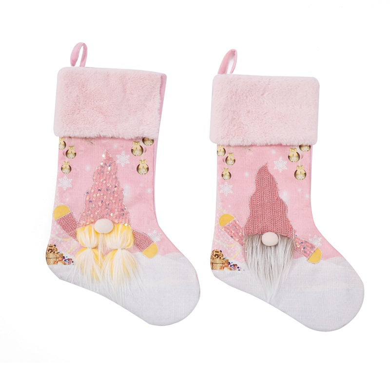 Pink Christmas Stocking With Sparkling Gnome Design