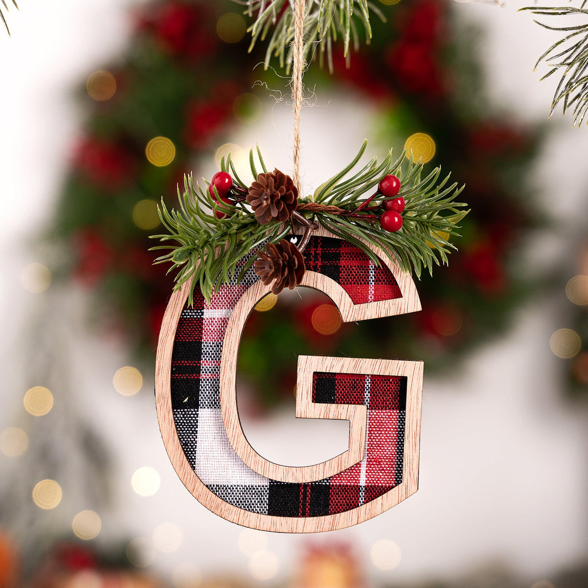 Plaid Letter Christmas Ornament - Rustic Wood Tree Decor