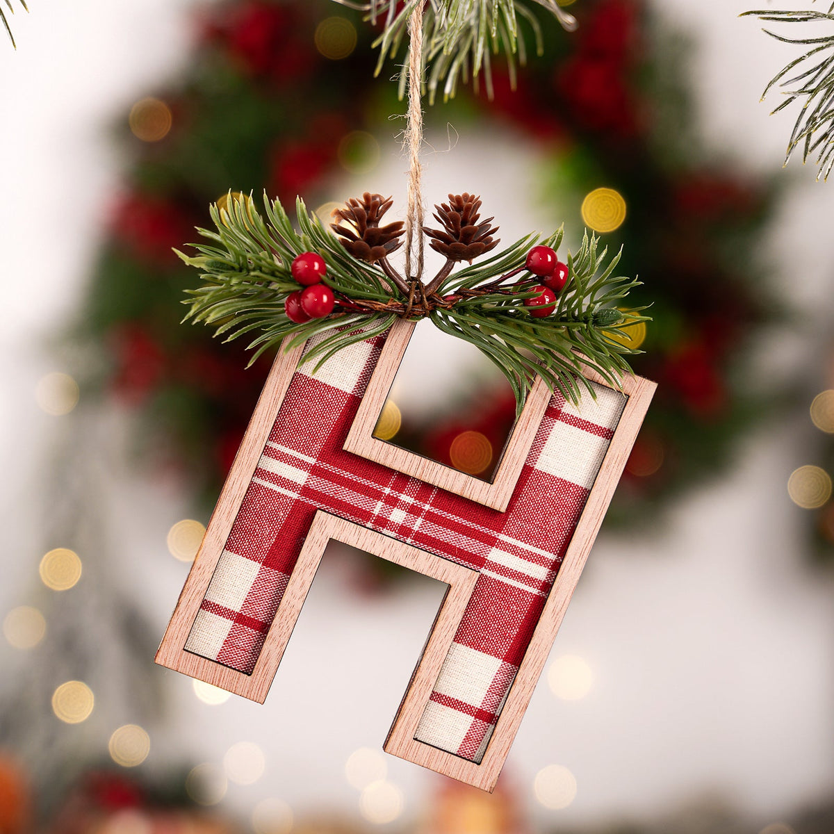 Plaid Letter Christmas Ornament - Rustic Wood Tree Decor