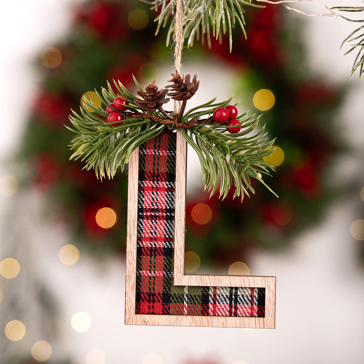 Plaid Letter Christmas Ornament - Rustic Wood Tree Decor